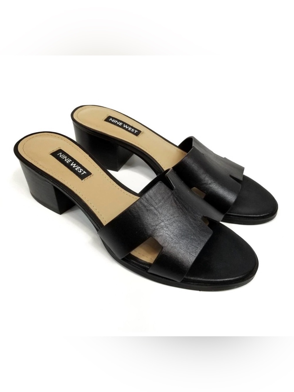 NWOT Nine West Aubrey Black Leather Sandals Slides Size 7.5